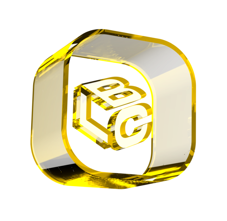 Logo dourado do LCbank com letras B, L, C em 3D